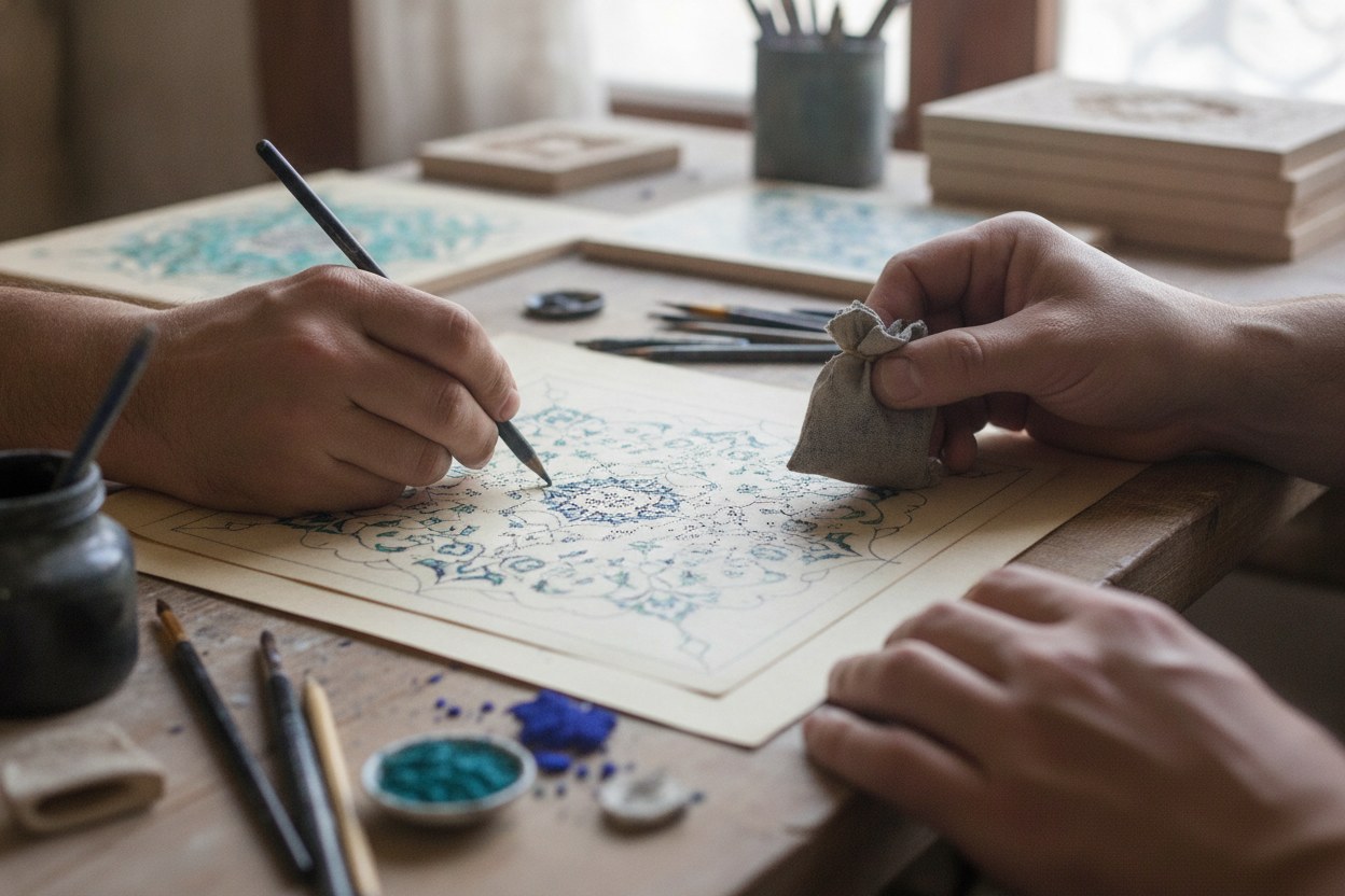 Kâğıt üzerine kalemle çizilmiş çini deseni ve ölçü notları, çalışma tezgahında