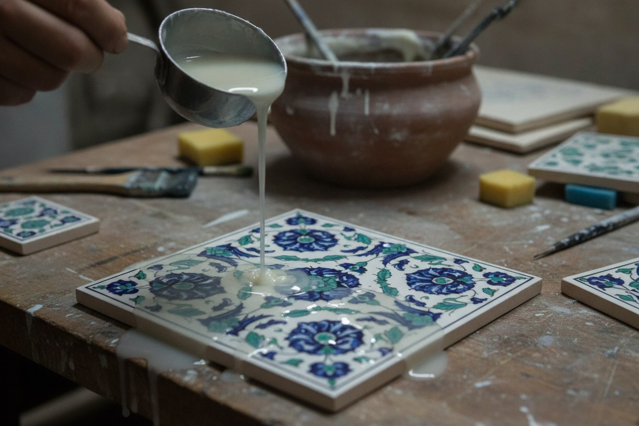 Boyalı çini karo üzerine şeffaf sır dökümü, ıslak cam gibi parlak yüzey